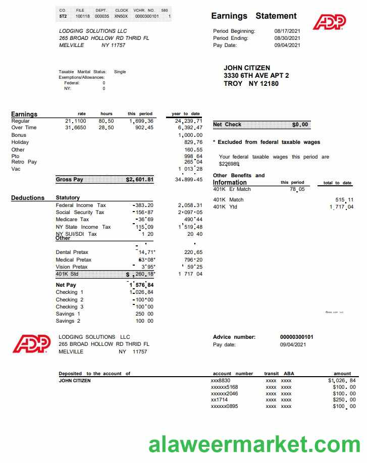 USA ADP business corporate earnings statement template in Word and PDF format